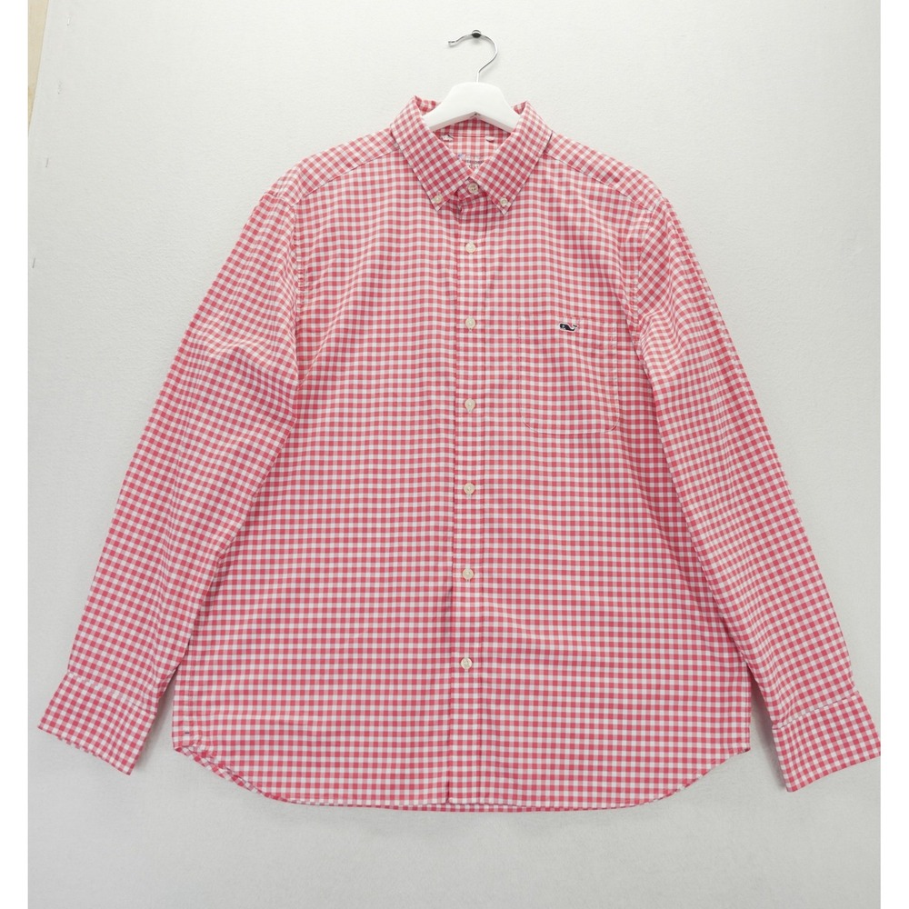 Vineyard Vines On The Go Performance Shirt Mens Large Gingham Red Orange Stretch